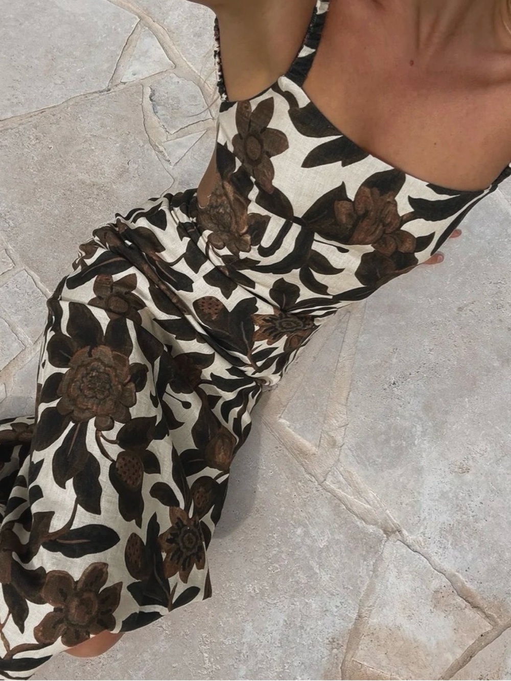 Commense Brown Floral Midi Dress on Cream